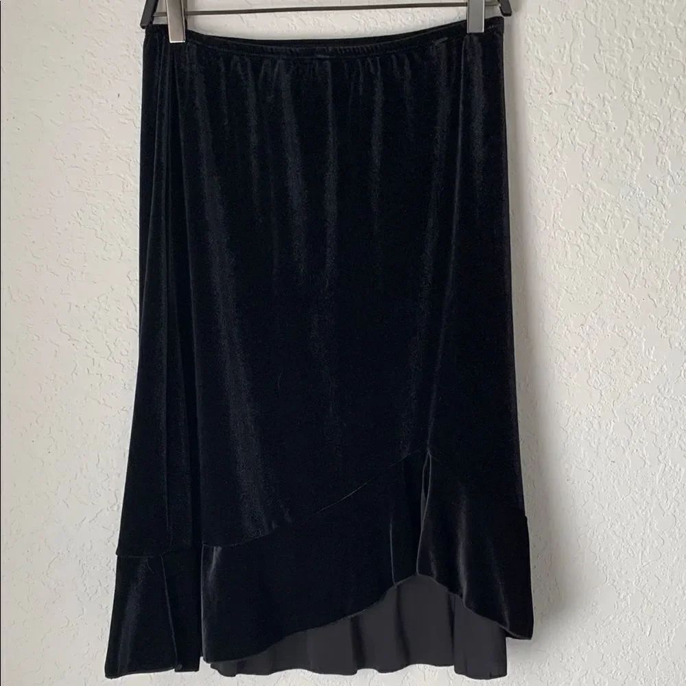 JkLa California Asymmetrical Ruffle Black Velvet Skirt Elastic Waist Size S